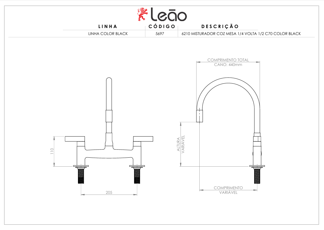 Misturador Cozinha Mesa Flexível 1/4 VOLTA C70 Color Black Leão - Imagem 2
