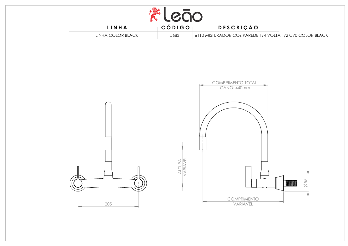 Misturador Cozinha Parede Flexível 1/4 VOLTA C70 Color Black Leão Metais - Imagem 2