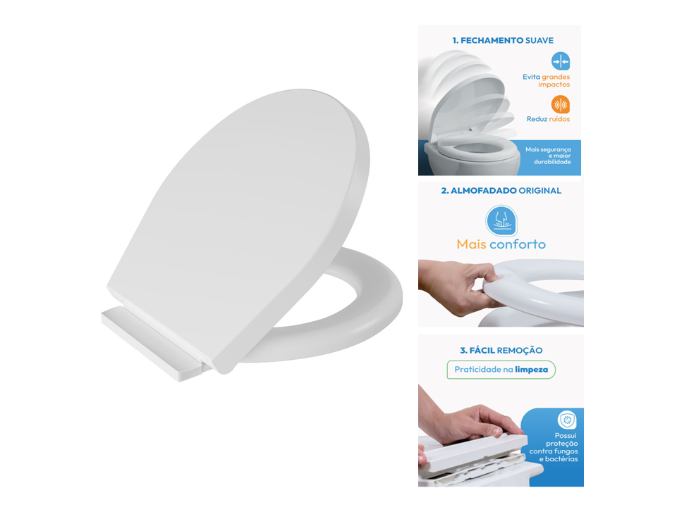 Assento Sanitário Oval Astra 3 em 1: Almofadado, Fechamento Suave (Soft Close) e Fácil Remoção Branco Astra - Imagem 2