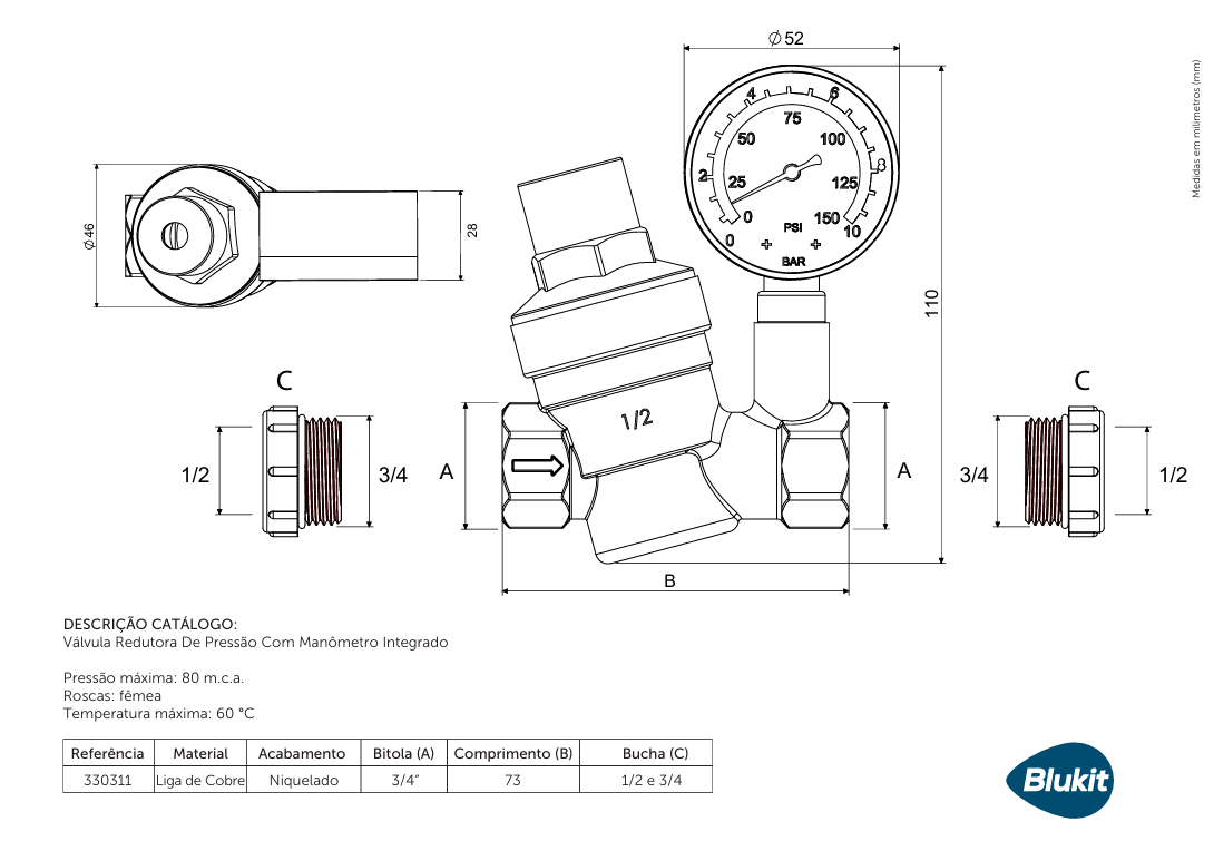 Válvula Redutora de Pressão com Manômetro Integrado com Redução 3/4" x 1/2" Blukit